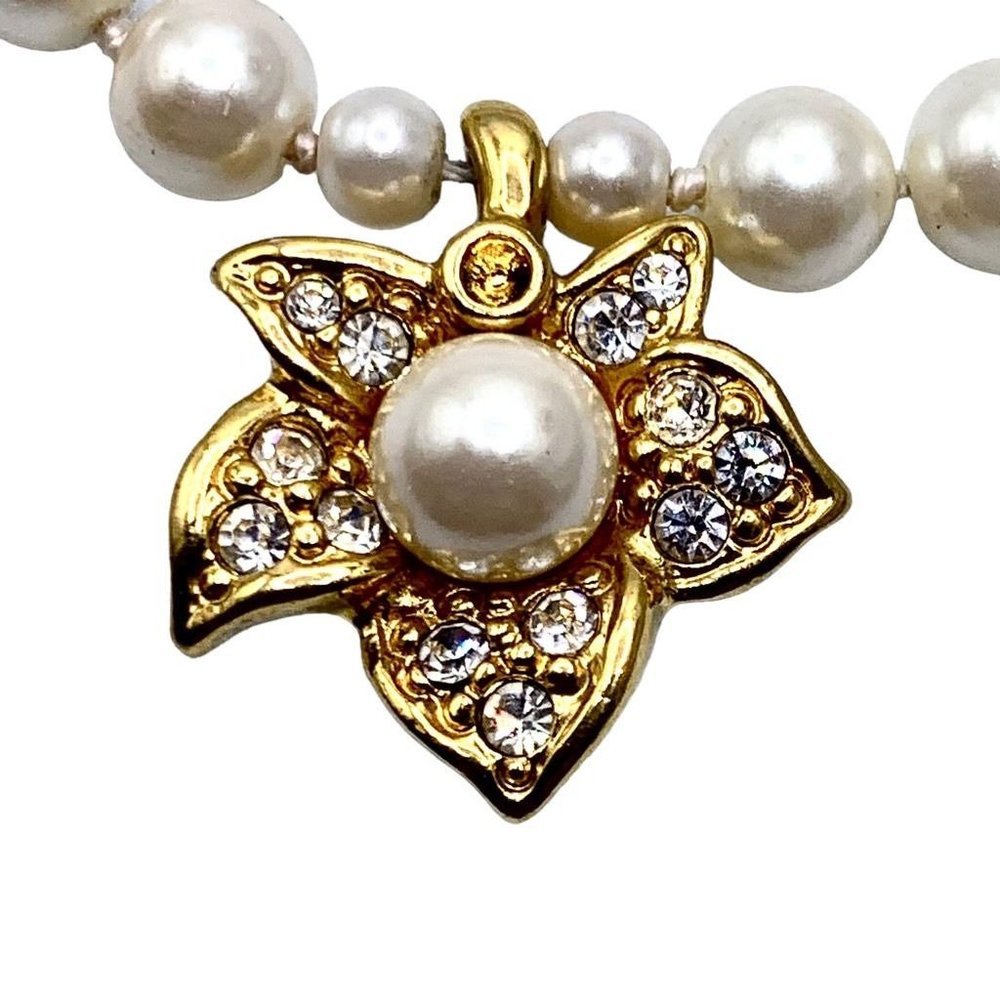 Vintage Napier Necklace Faux Pearl Beaded Rhinestone Pave Leaf Flower Floral - Picture 2 of 10